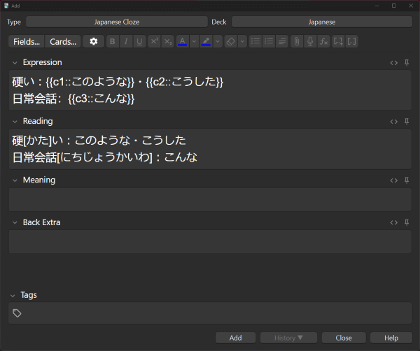 Anki note with formal "konoyouna" and "koushita" on one line and the casual "konna" on the next. All three words are bracketed off with cloze markers.