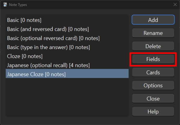 "Japanese Cloze" note type highlighted with the Fields button outlined in red