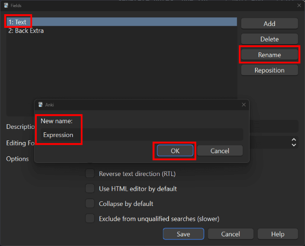 Renaming the "Text" field to "Expression"