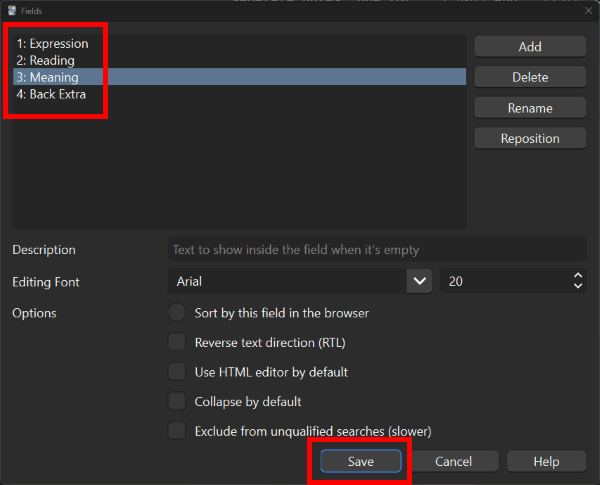 Expression, Reading, Meaning, and Back Extra fields on the note type, and the Save button outlined in red