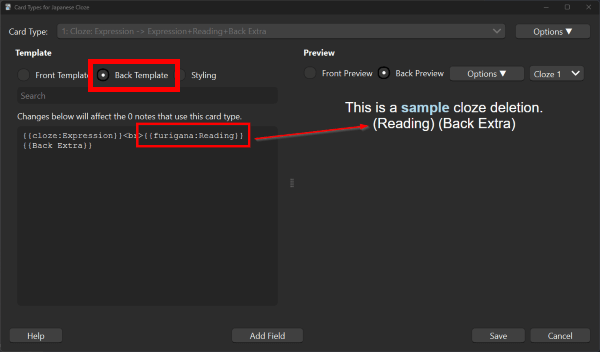 Back Template of the Japanese Cloze with "furigana: Reading" in the editor code, reflected in the Preview as (Reading)