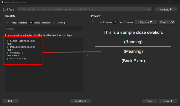 Cloze: Expression, horizontal rule, furigana: Reading, horizontal rule, Meaning, two line breaks, and Back Extra in the editor code and reflected in the Preview