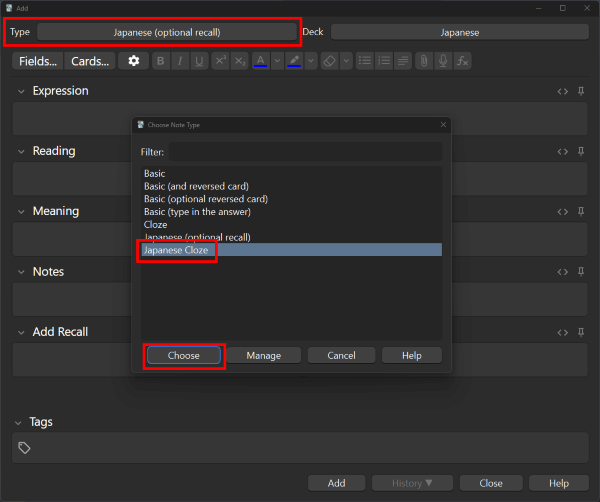 Adding a new Anki note and switching the note type to Japanese Cloze