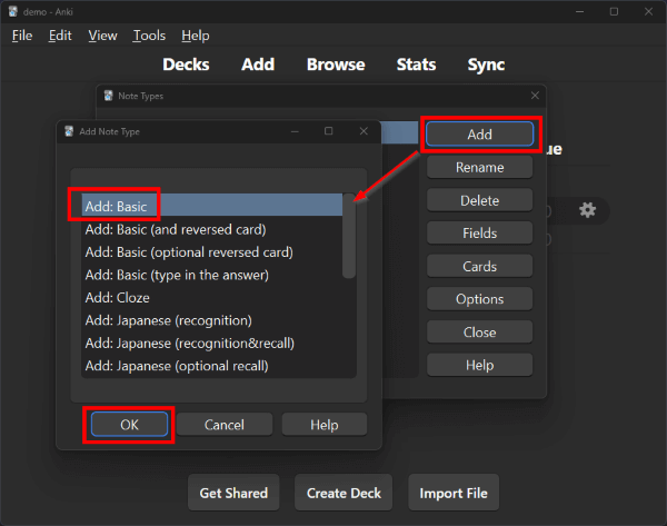 Adding a new note type using the "Add: Basic" function