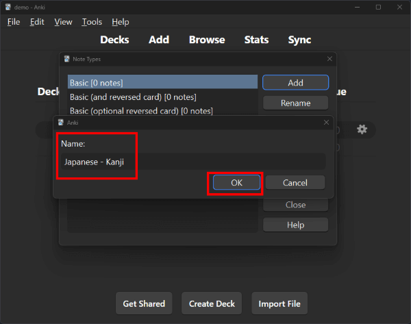 Naming the new note type "Japanese - Kanji" and the OK button outlined in red