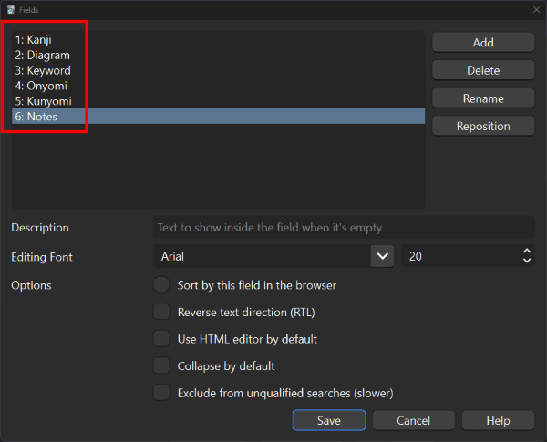 List of fields Kanji, Diagram, Keyword, Onyomi, Kunyomi, and Notes for a note type