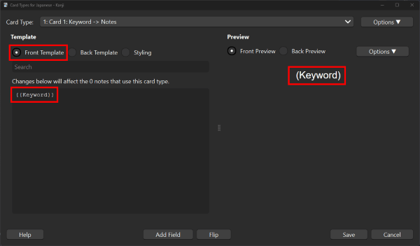 The "Front Template" radio button selected, and the Keyword field appearing in both the editor and preview panes
