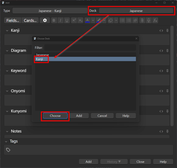 Changing the Deck field of the note editor to "Kanji"