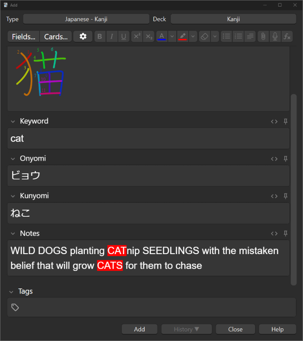 Keyword, Onyomi, and Kunyomi fields filled out for the character "cat." The Notes field has a mnemonic to memorize the character: "WILD DOGS planting CATnip SEEDLINGS with the mistaken belief they will grow CATS for them to chase"