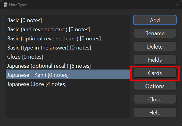 The "Japanese - Kanji" note type highlighted and the Cards button outlined in red