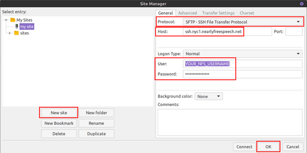 FileZilla's Site Manager open showing a new site with the 'Protocol' setting at 'SFTP - SSH File Transfer Protocol,' the 'host' field filled in with the NearlyFreeSpeech server, and the username and password fields filled out