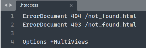 A .htaccess file opened in a text editor with the ErrorDocument and MultiViews codes added in from this and the previous section