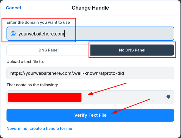 The Bluesky Handle page with the 'No DNS Panel' tab opened, the desired domain name entered in, as well as arrows pointing at a blocked-out bit of code in the 'That contains the following' field and another arrow pointing at the 'Verify Text File' button at the bottom