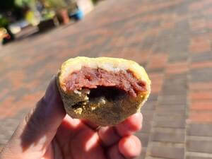 Kinako ogahi with brown powdery outside, white rice and red bean paste inside