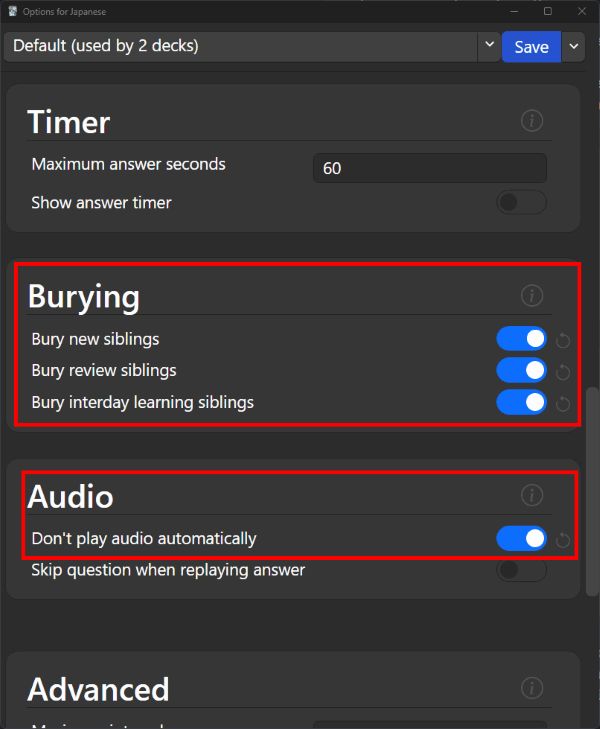 Under Burying section, "Bury new siblings," "Bury review siblings," and "Bury interday learning siblings" are switched On. Under Audio section, "Don't play audio automatically" is switched On.