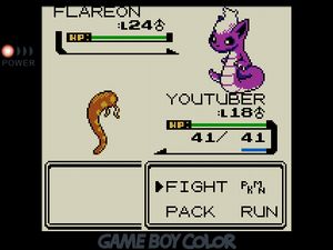 YOUTUBER facing off against Flareon, a purple dragon or snake looking creature