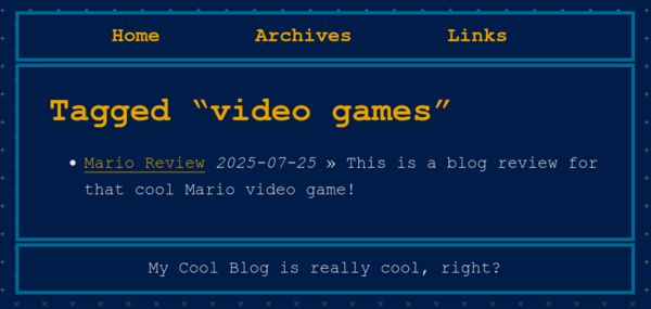 Tag page for "video games" listing the new "Mario Review" blog entry