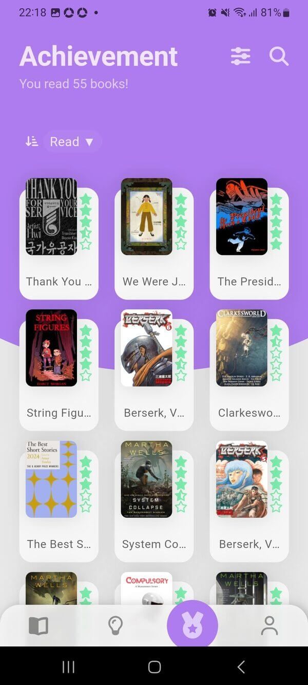The achievements screen showing all of the books I have recently finished