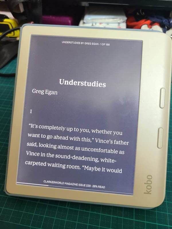 Dark mode turned on the Kobo Libra, which turns the text white and the background dark/black