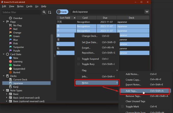 The aforementioned highlighted cards with a drop-down menu highlighting Notes and then Add Tags...