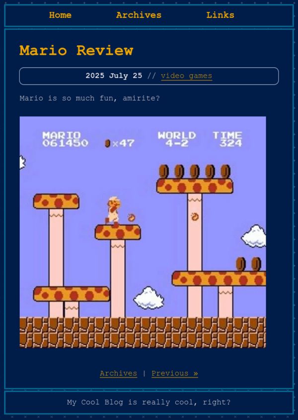 Blog entry titled "Mario Review" with a screenshot of the NES game Mario
