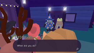 Frog Detective standing beside Lola the now-visible wizard Lola: 'What did you do?'