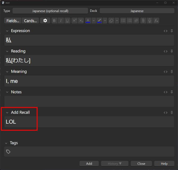 The word "LOL" written in the Add Recall field of a note for "I, me"