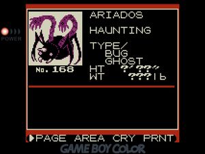 Dex entry for Ariados, a Bug/Ghost Pokemon that looks like a black spider with ghostly purple arms rising out of its back