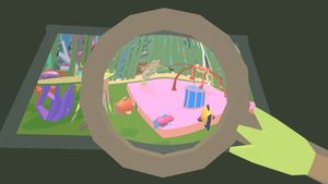 A group photo in the frog detective's office. A bunch of sea creatures like fish and crabs appear to be having an undersea picnic. The frog detective is holding up a large circular magnifying glass to the picture and distorting the contents to look like a big bubble