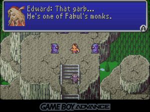 Yang surrounded by enemies on top of a cliff while the party looks on. Edward says: That garb... He's one of Fabul's monks.