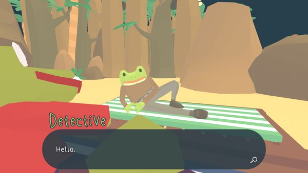 The frog detective lounging on a beach chair, resting on one side and turning to face the camera and saying, "Hello." In the foreground is an alligator also lounging on a beach chair and facing the detective