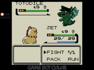 JET the fighting Chikorita facing off against a blue Totodile with a schoolboy's cap and a pair of tattered wings