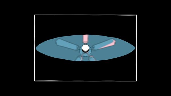 The view from behind a person's eyelid as they are slowly opening their eyes. Their view is of a ceiling fan. Over the image is a circular white button