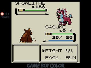 SASUKE facing off against a red and blue punk-looking Growlithe