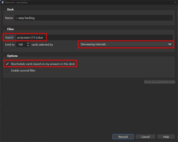 Options window for an "easy backlog" filtered deck with the following parameters filled in