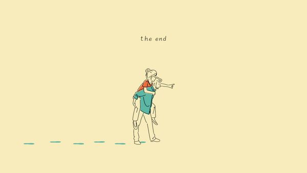 A couple in love. A woman with her hair in a bun wearing an orange top riding on the back of a bearded man wearing a blue shirt. The woman is pointing forward and the man is walking. The text "the end" appears above them