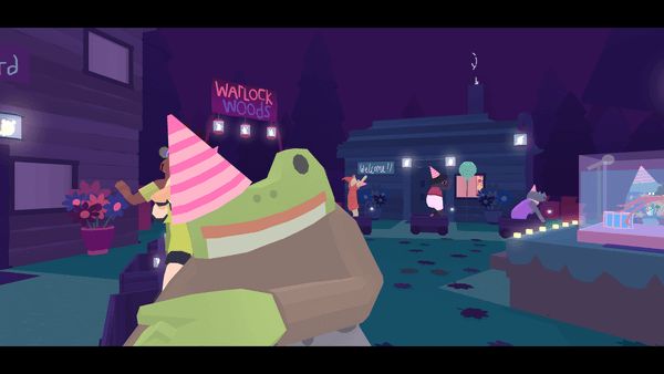 Train of carts circling the town for the wizard parade and carrying all the townspeople. Frog Detective is in the foreground wearing a pink party hat over one eye and dancing