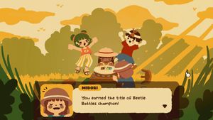 My character (Hana) around a stump with Ivy, Satoshi, and Midori watching and cheering on two beetles who are battling. Midori says: 'You earned the title of Beetle Battles Champion!'