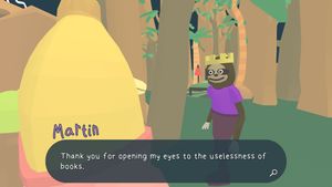 Martin the sloth wearing a gold crown: Thank you for opening my eyes to the uselessness of books.