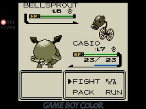 CASIO facing off against a gray Bellsprout on wheels, and its eponymous bell shaped more like a cannon