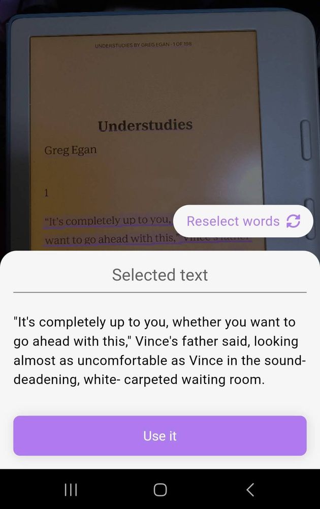 A photograph of my Kobo with some text highlighted using the Bookmory app, along with a transcription of the highlighted text and a button to add this as a note for my book entry