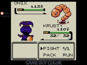 KRUSTY facing off against an Onix looking like a segmented earthworm popping out of the ground