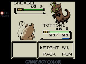 TOTTORI facing off against Sneasel in battle. Sneasel has been redesigned as a kind of brown centipede-looking creature with green pincers and compound eyes