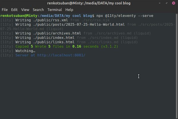 Terminal with the command "npx @11ty/eleventy --serve" and Eleventy building the website, ending with the message, "Server at http://localhost:8081/"