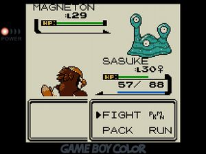 SASUKE the Flying/Fighting Pidgeotto facing off against Magneton, what looks like a melting pile of green-gray sludge with three eyeballs