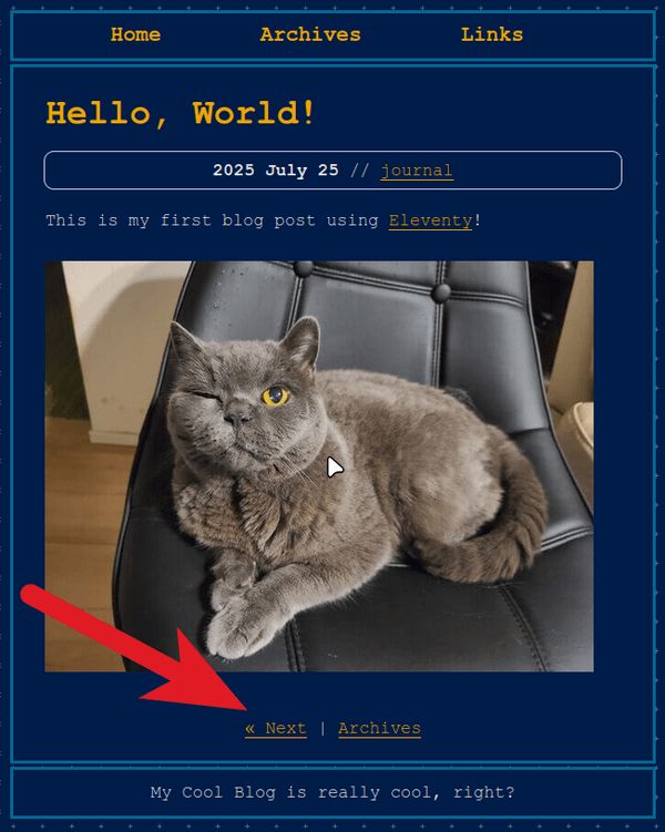 The "Hello, World!" blog entry but with a new "Next" pagination link at the bottom that leads to the "Mario Review"