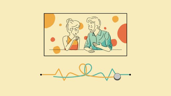 The protagonist and man having an animated conversation. The protagonist is wearing an orange dress and the man in an open-collared blue top. Below them are two lines, one orange and one blue, perfectly mirrored, leading to the two points. Both lines start out as a kind of EKG-style line before looping together in a bow at the center
