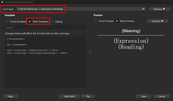 Card Type set to Recall: Meaning to Expression+Reading and the Back Template highlighted.