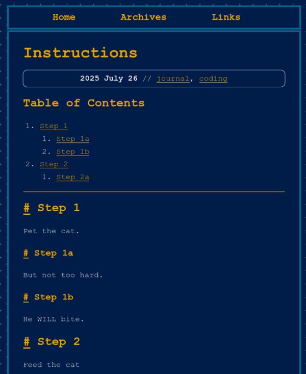 Blog entry with the above content, and a Table of Contents above that link to the different headers within the post