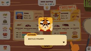 Going up against my opponent Satoshi, a kid wearing a red shirt and a large rhinoceros-beetle horn on their head. They yell, 'BEETLES POWER!!!' with their arms in the air